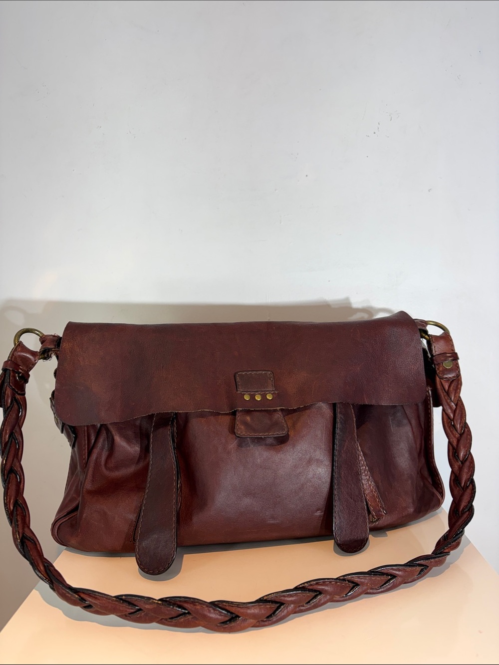 Leonello Borghi Vintage burgundy Leather Festival Bag Braided Strap Boho Purse